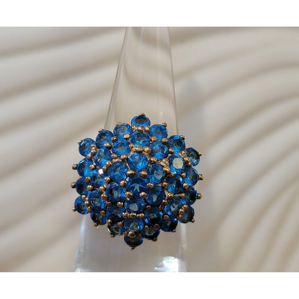 Vintage Blue Swiss Topaz Cluster Dome Ring — Gold-Plated Sterling Silver, Size 5